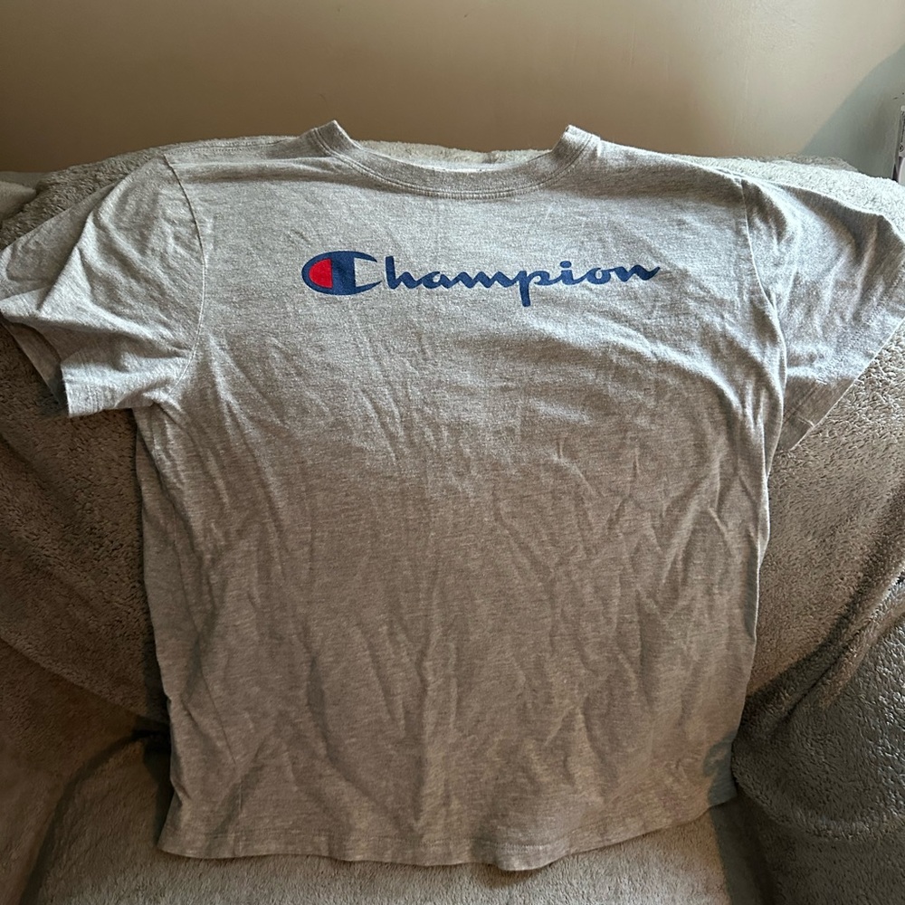 Champion Gray Short Sleeve Tee with Blue & Red Logo